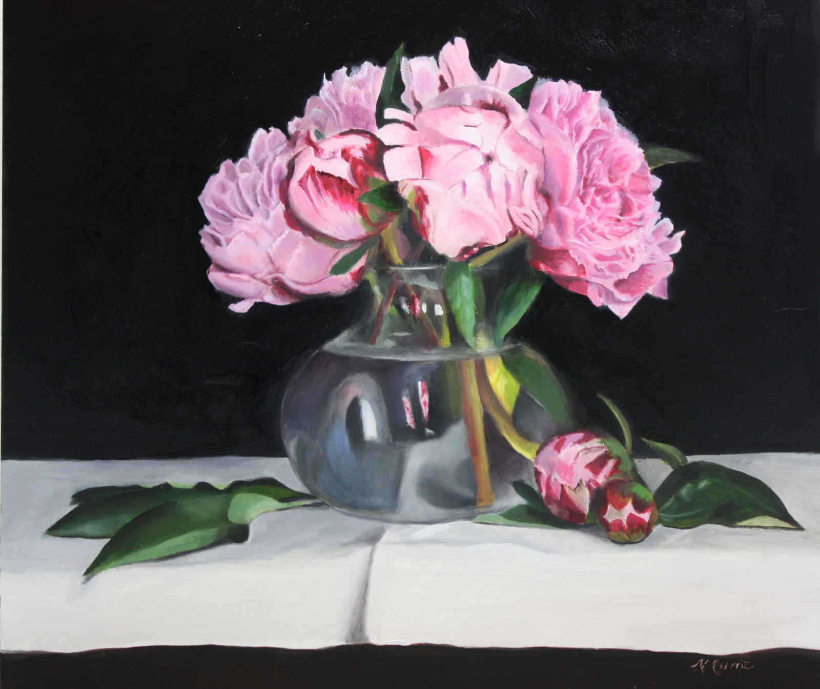 Oil painting; contemporary painting; peonies; still life; pink flowers; realistic