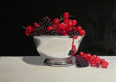 Redcurrants and Blackberries in a Silver Bowl