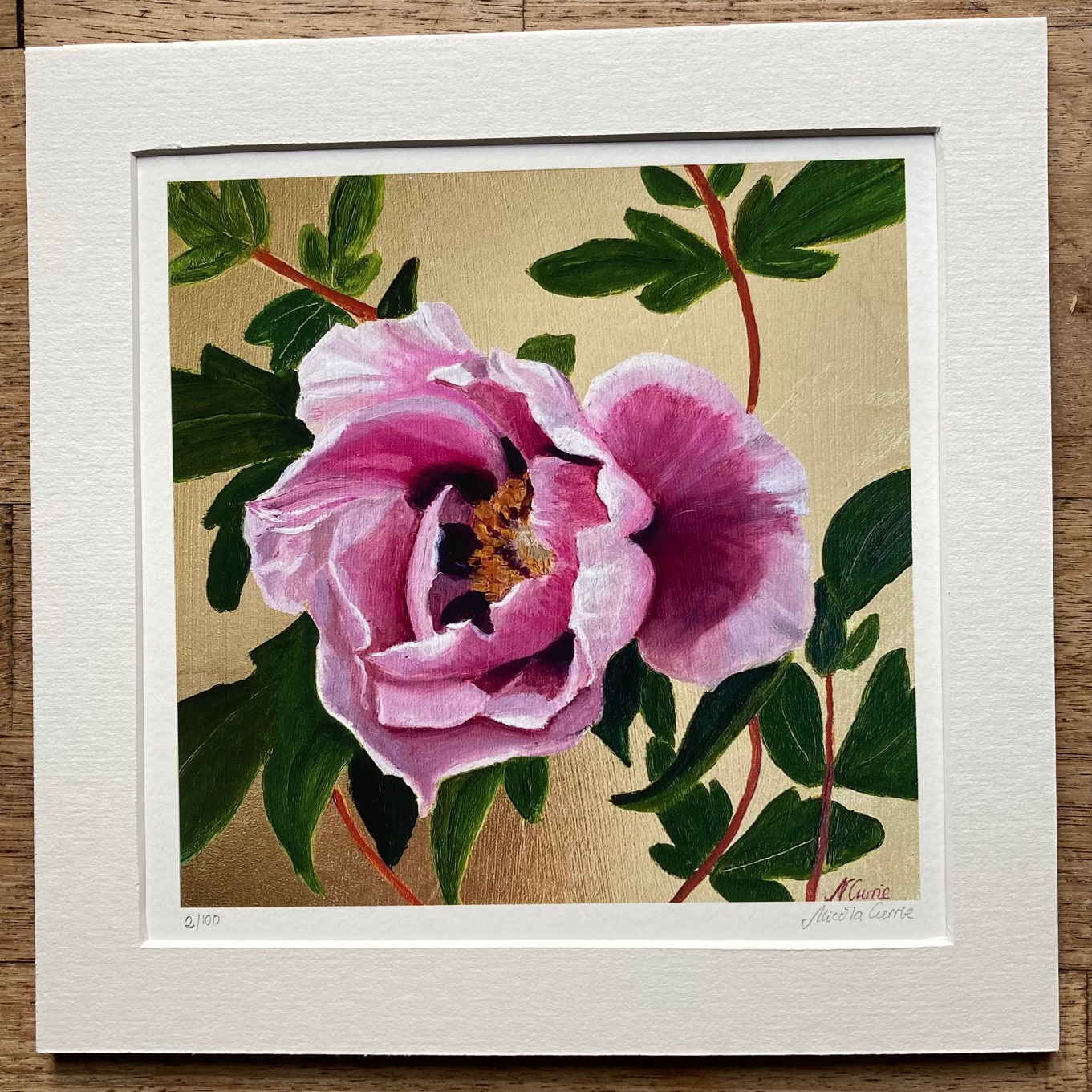 Pink Rockii Peony on Gold - mounted