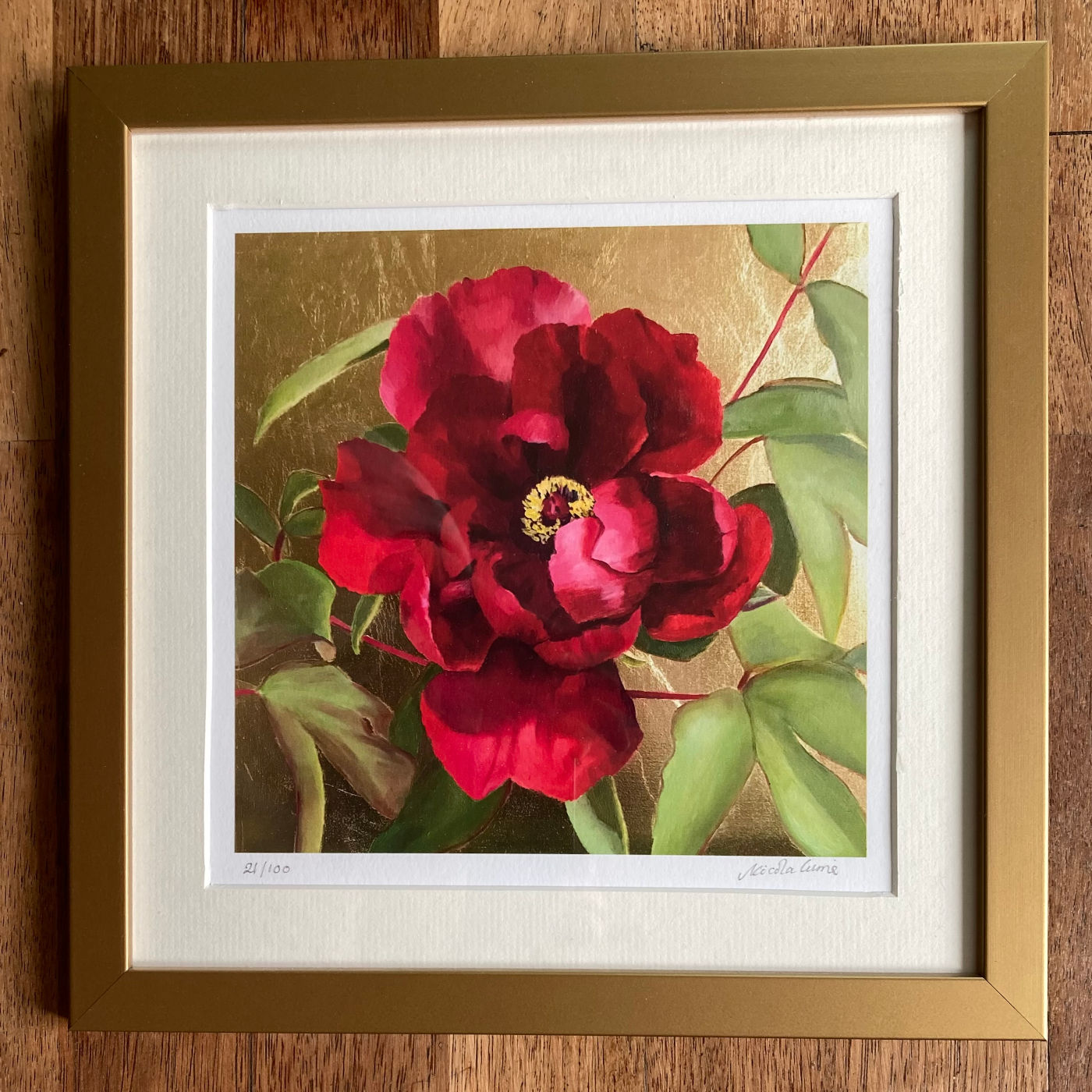Red Peony on Gold