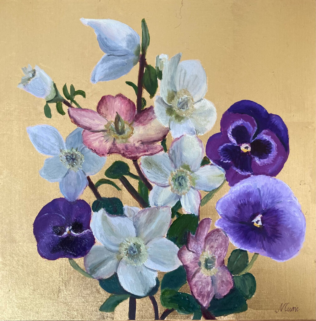 Hellebores and Pansies on Gold