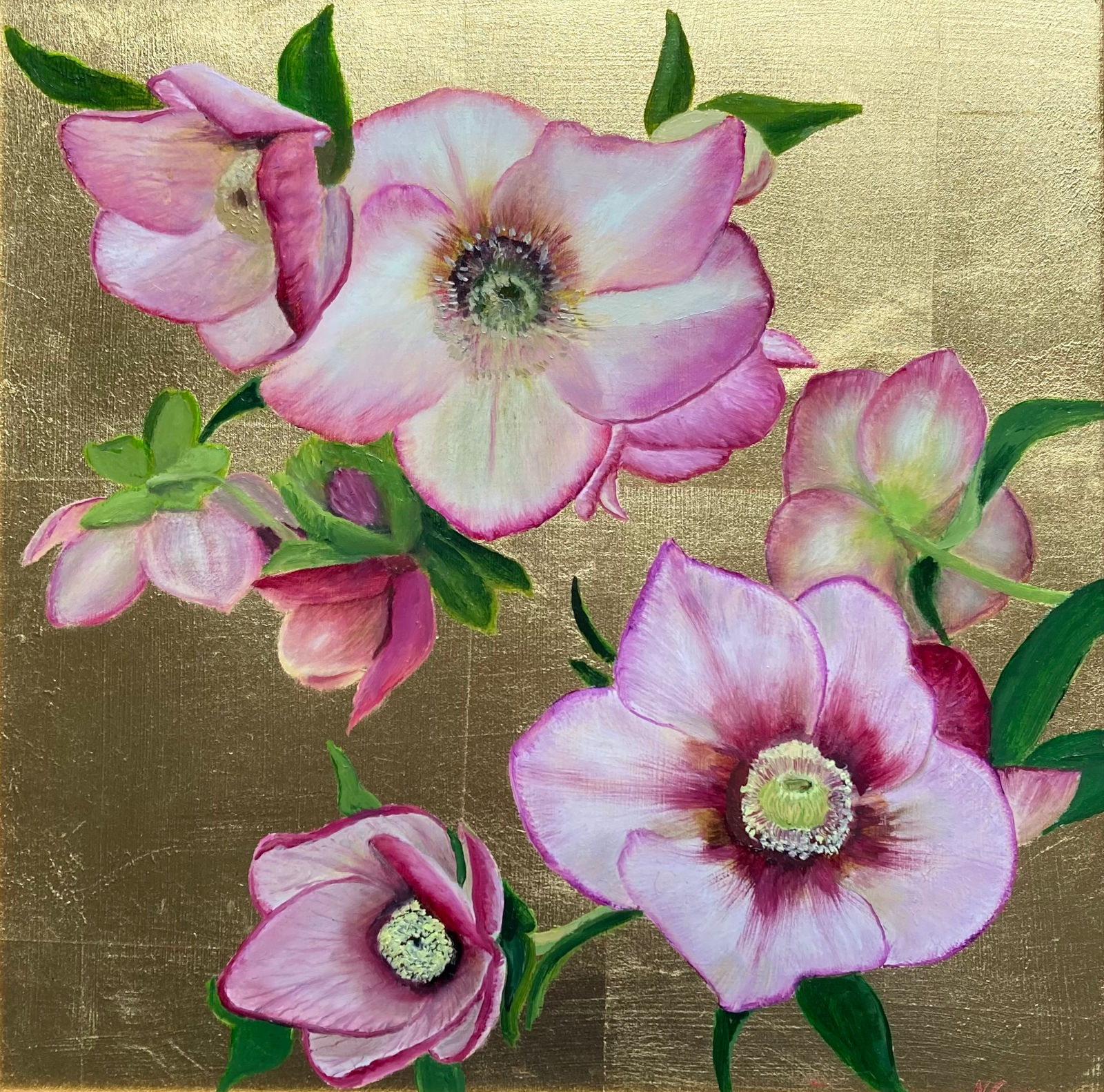 Nicola Currie Fine Art an original oil painting of Hellebore flowers painted on imitation gold leaf