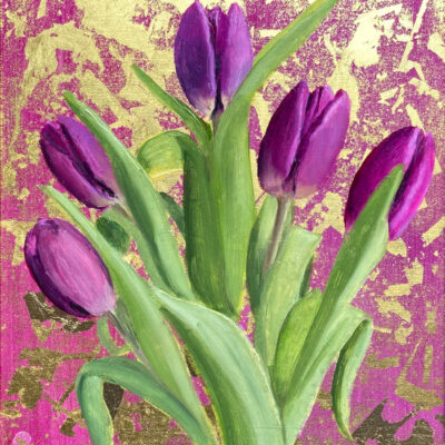 Nicola Currie Fine Art - an original oil painting of Magenta Tulips on gold leaf