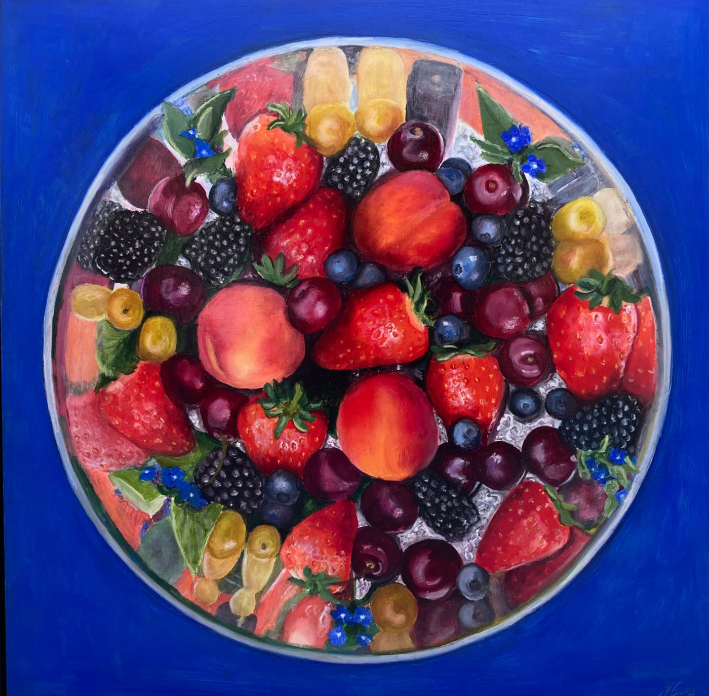 oil painting for sale showing summer fruits in a reflective bowl