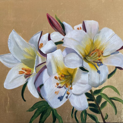 Nicola Currie Fine Art. An original oil painting on gold leaf of Regale Lilies
