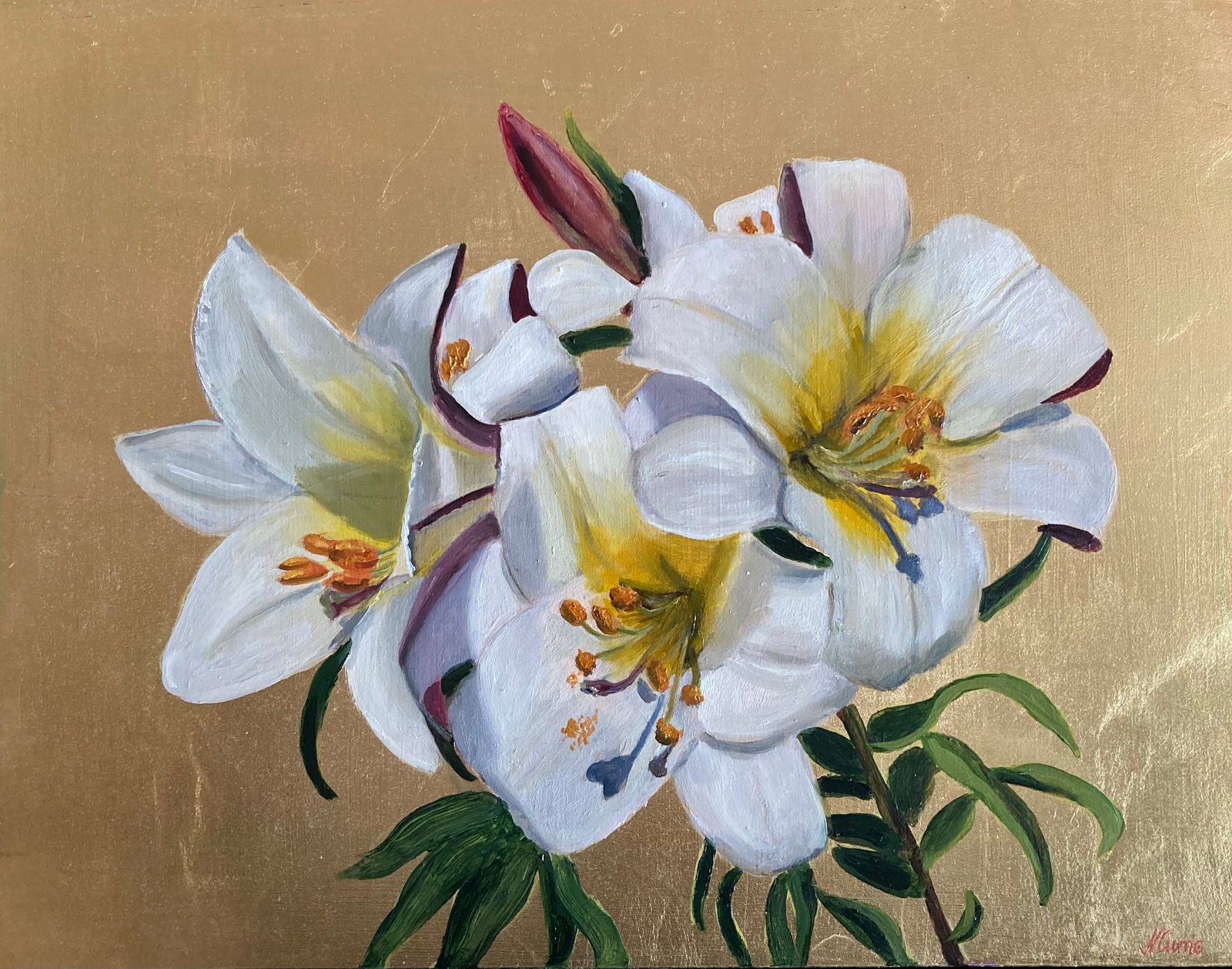 Nicola Currie Fine Art. An original oil painting on gold leaf of Regale Lilies