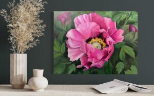Pink Rockii Peony oil painting in situ