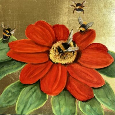 Nicola Currie Fine Art Original oil painting on gold leaf of bees flying into the centre of an orange flower.