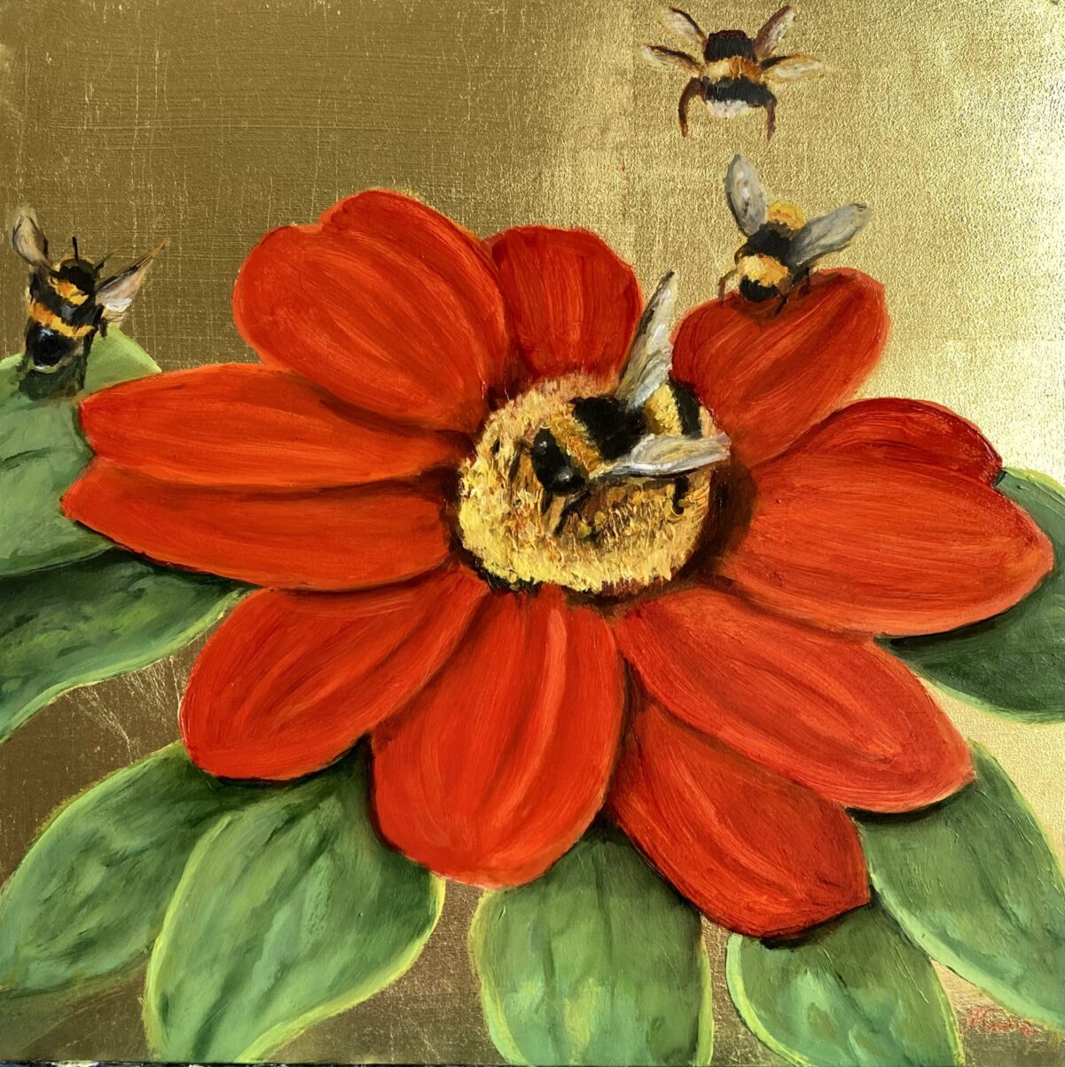 Nicola Currie Fine Art Original oil painting on gold leaf of bees flying into the centre of an orange flower.