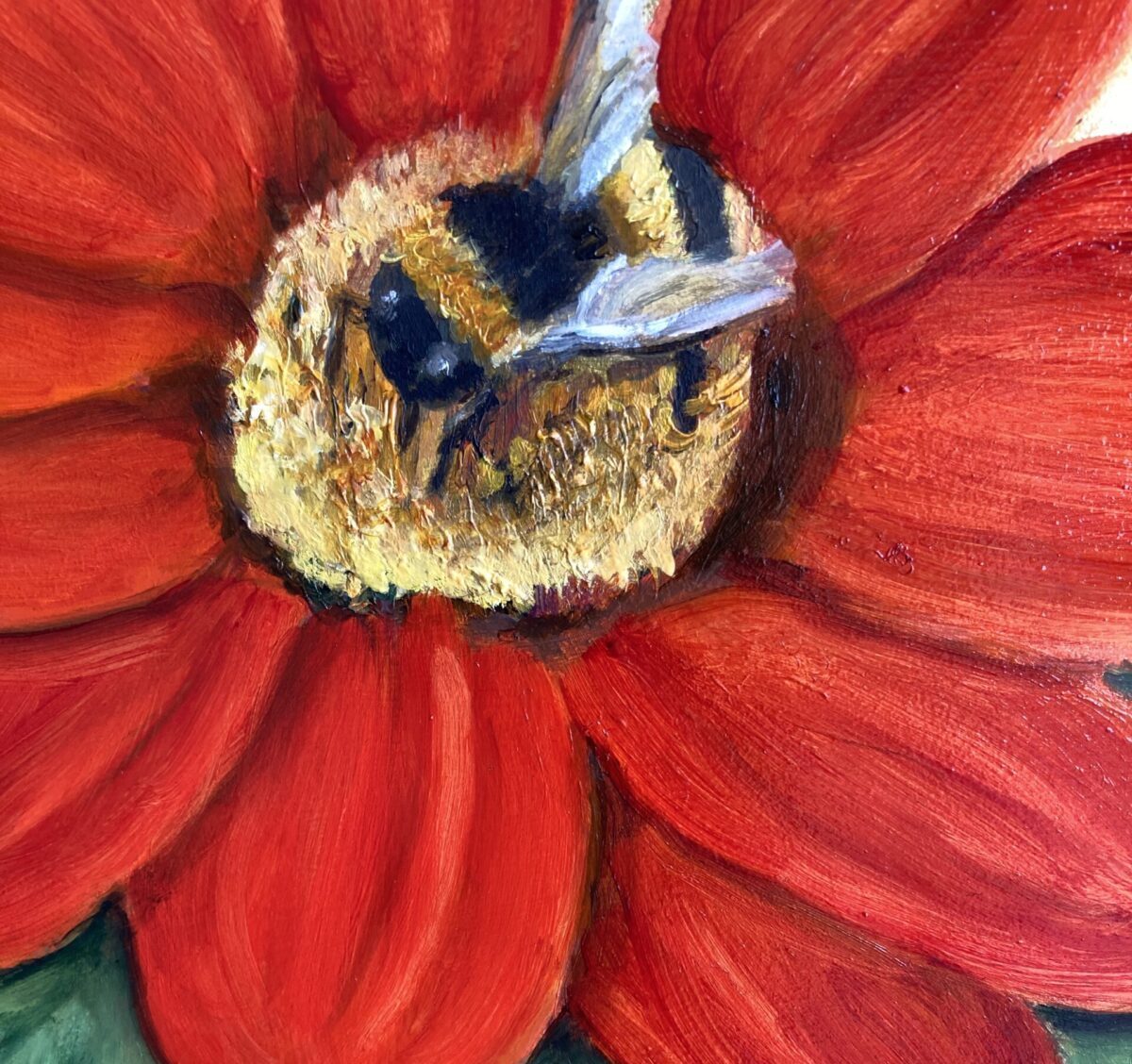 Close up of the Bee Happy oil painting on gold leaf