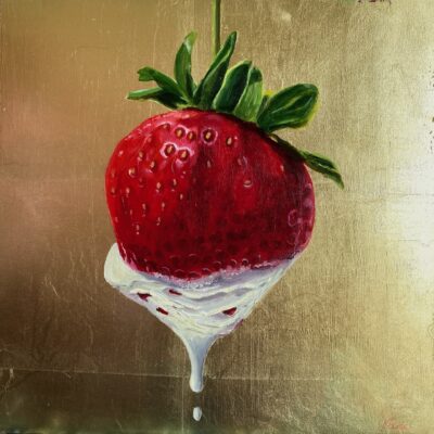 Strawberry and Cream oil painting on gold leaf for sale.