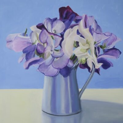 Oil painting of purple and white sweet peas