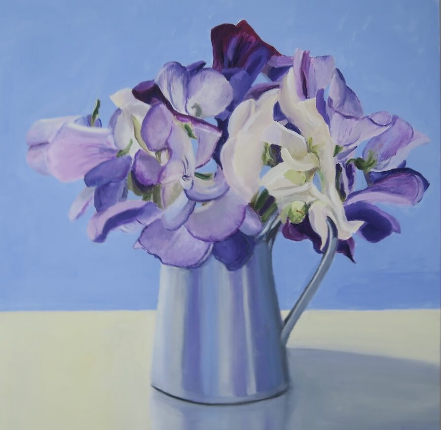 Oil painting of purple and white sweet peas