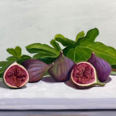 an oil painting of a group of figs with leaves in the background