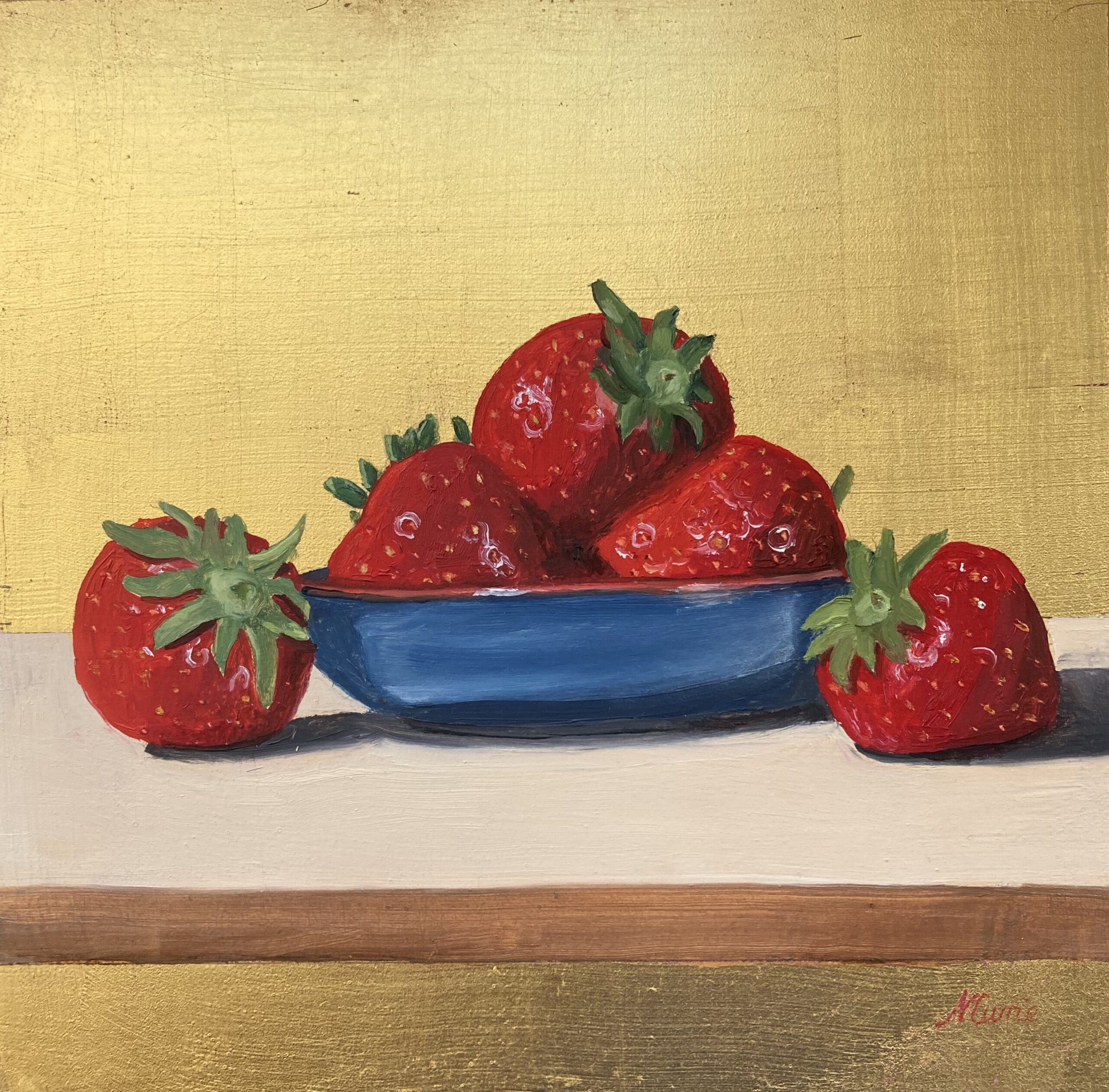 Oil painting on gold leaf of strawberries in a blue bowl