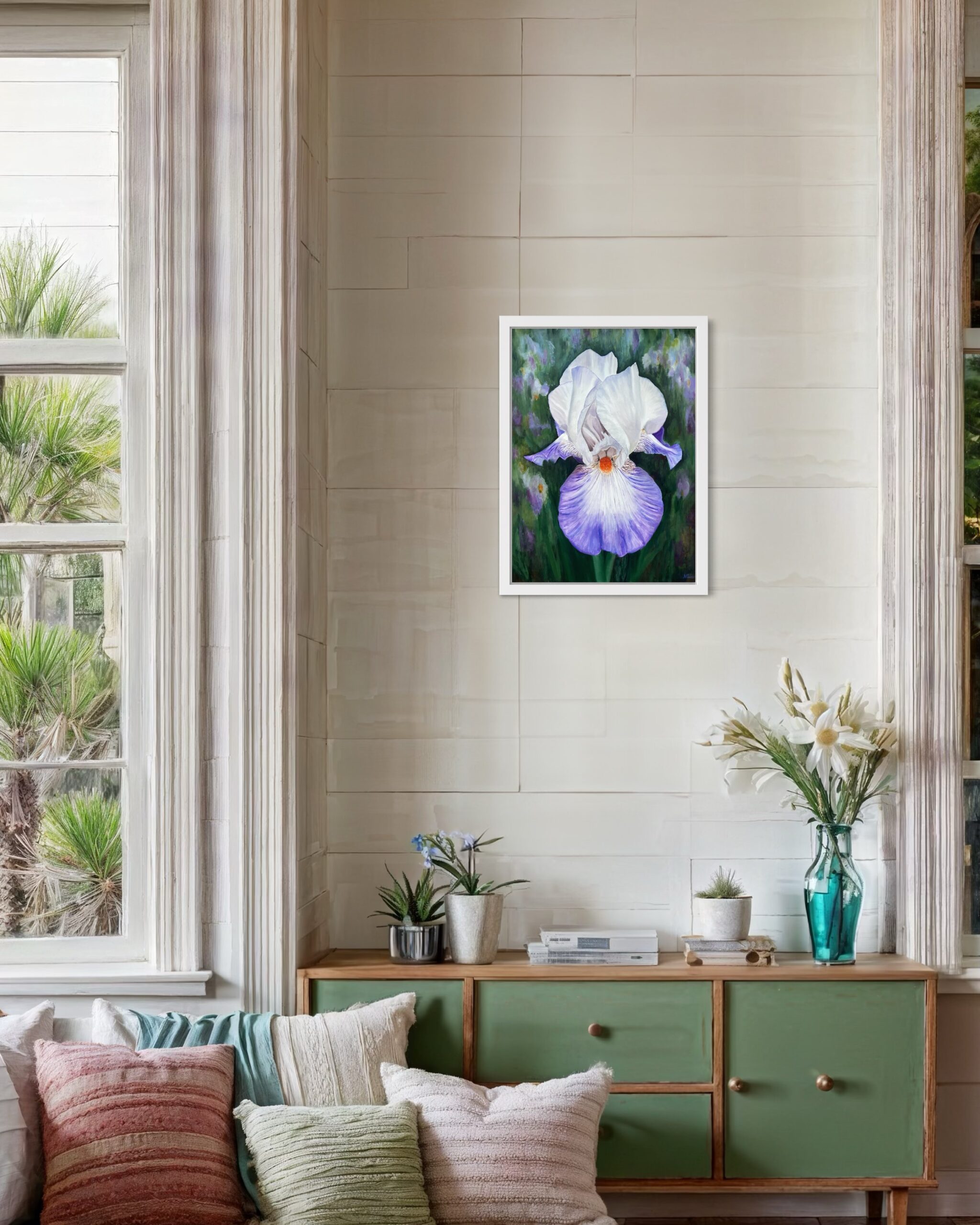 An oil painting of a sunlit purple iris in a sitting room to show the size of the painting