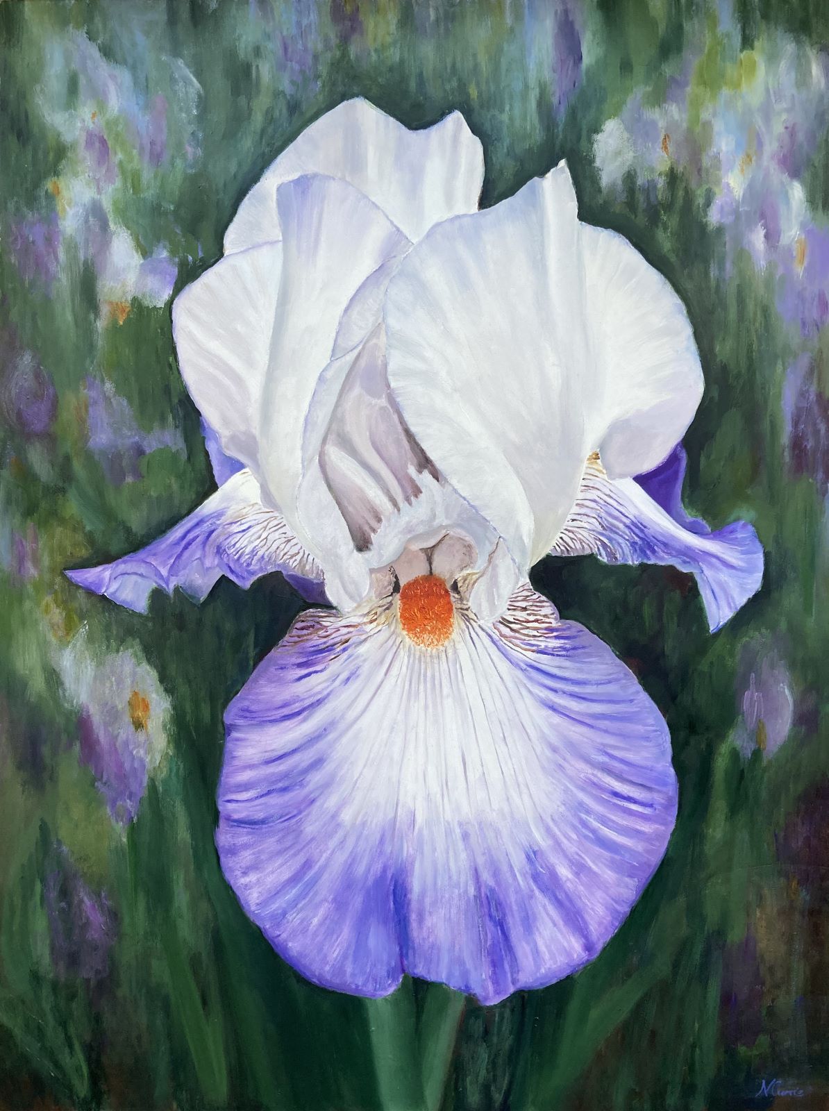 An oil painting of a Sunlit Purple Iris in sharp focus with the background of a field of irises in soft focus