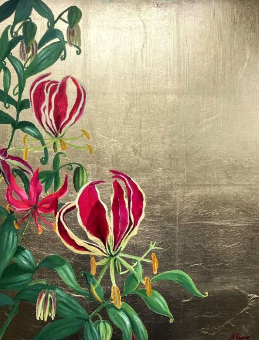 Oil painting of Flame Lilies on gold leaf