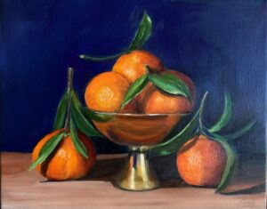 Oil painting of satsumas in a gold bowl