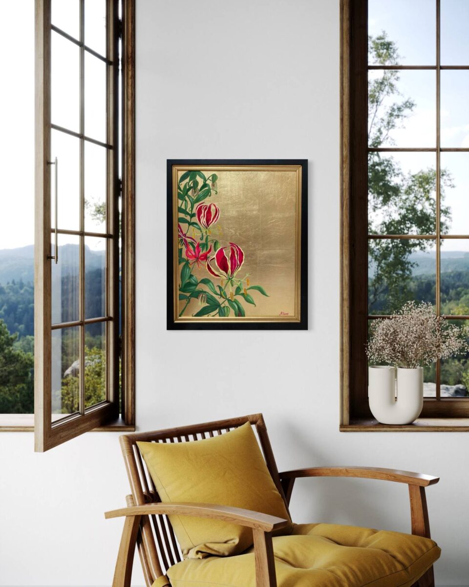 Flame Lilies on Gold painting in a room