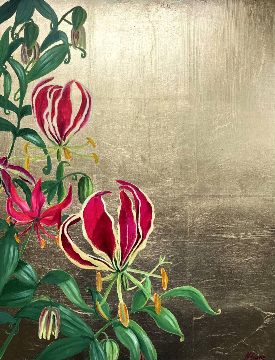 Nicola Currie Fine Art. An original oil painting of Flame Lilies on gold leaf