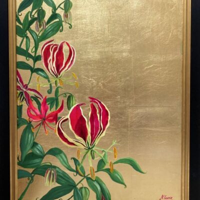 Oil painting of Flame Lilies on Gold showing the picture in its double black and gold frame