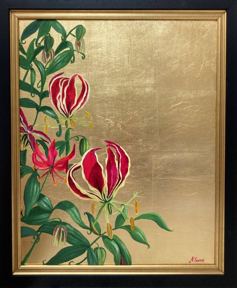 Oil painting of Flame Lilies on Gold showing the picture in its double black and gold frame