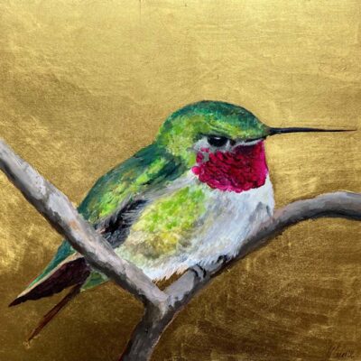 Nicola Currie Fine Art. An original acrylic painting on 23 carat gold leaf of a humming bird on a branch.