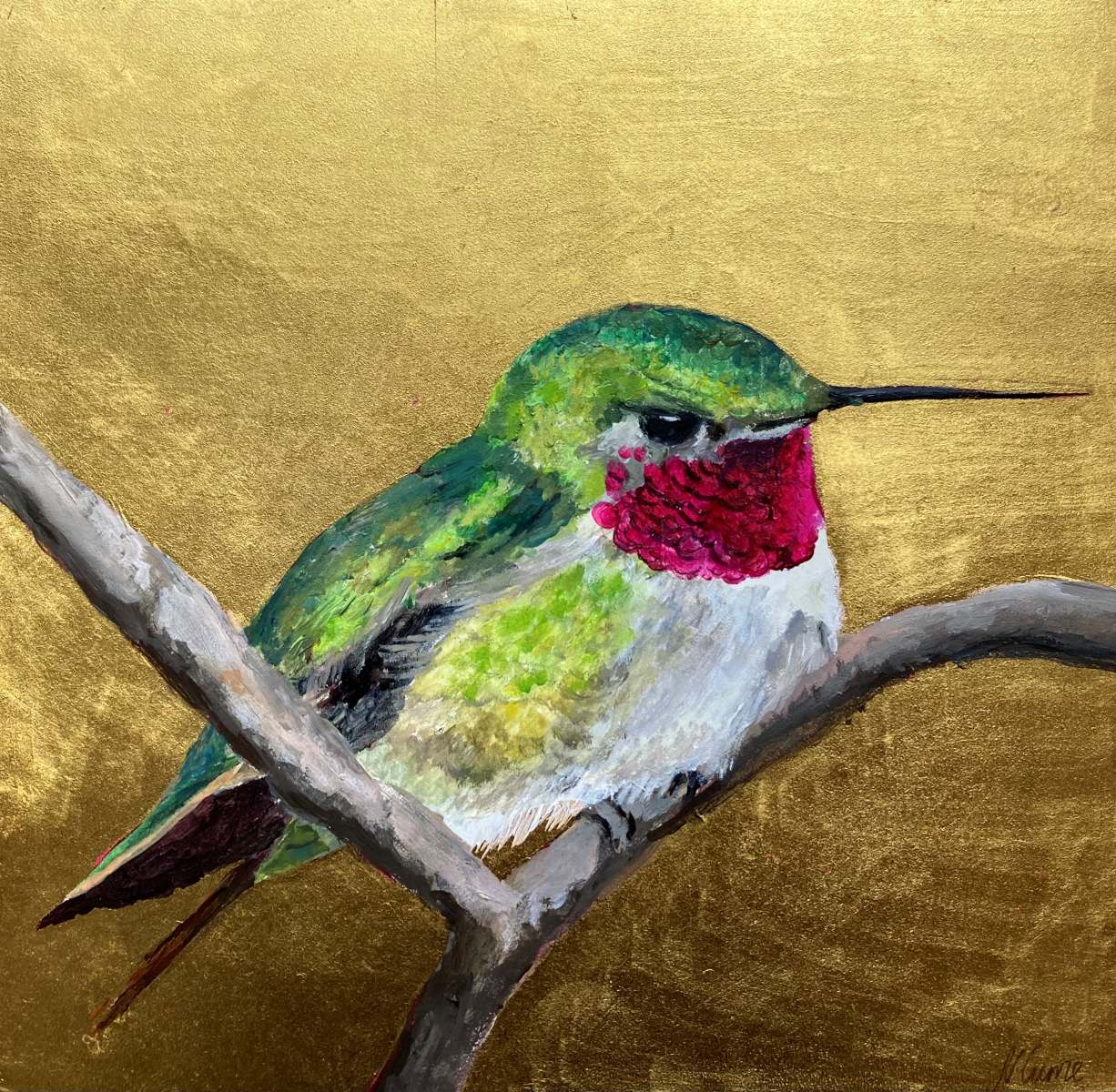 Nicola Currie Fine Art. An original acrylic painting on 23 carat gold leaf of a humming bird on a branch.