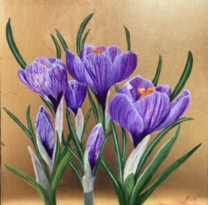 An oil painting of crocuses on imitation gold leaf