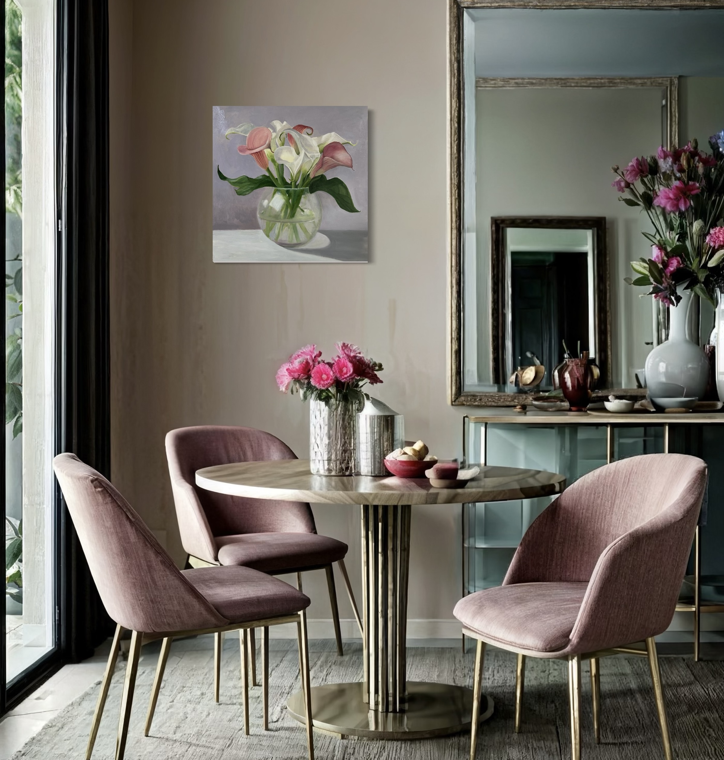 Oil painting of calla lilies displayed in a room