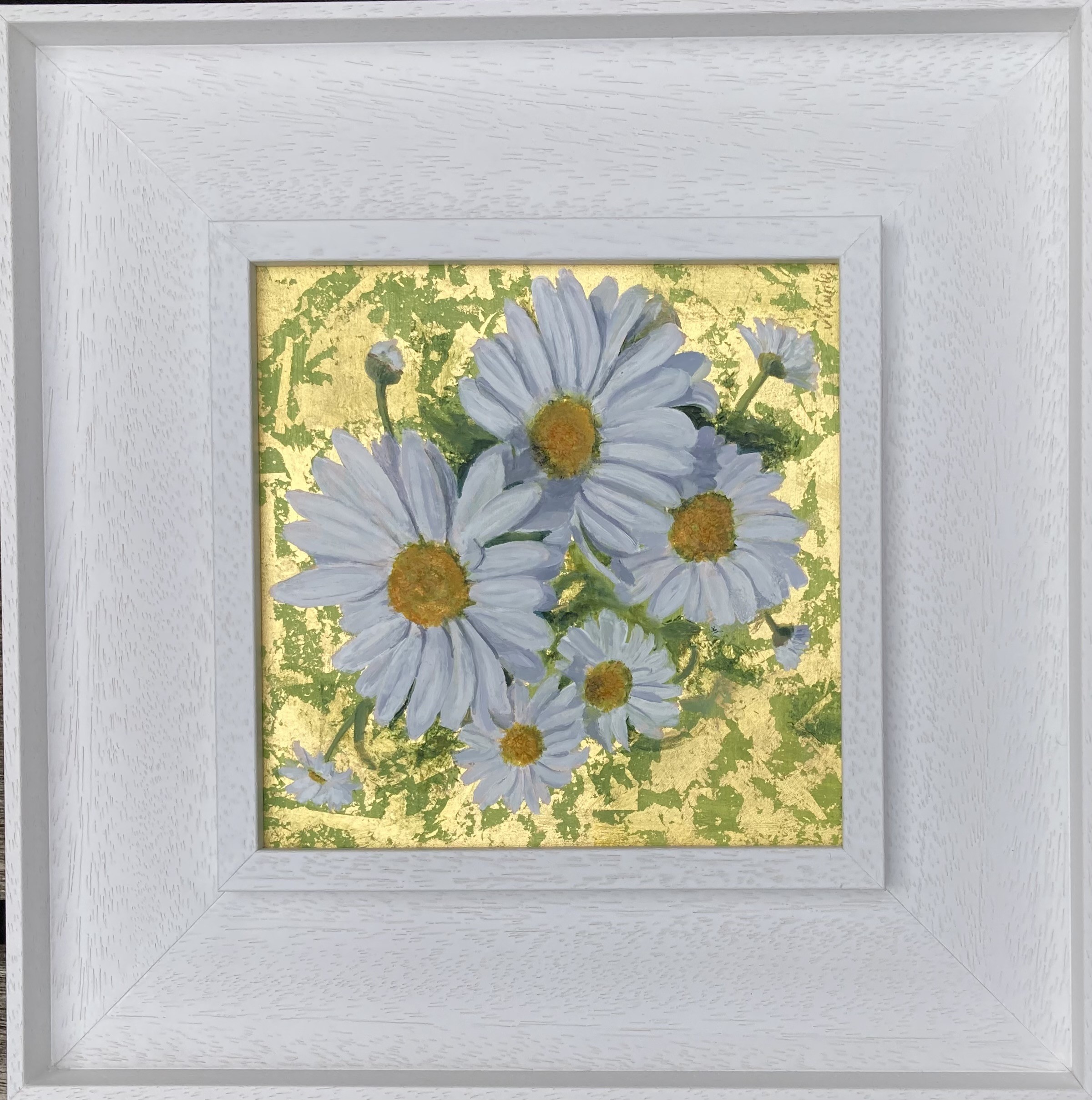 Oil painting of daisies on gold leaf framed