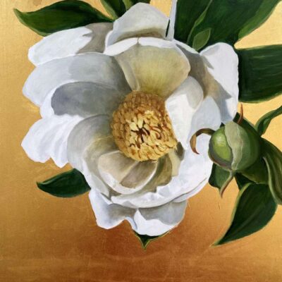 Original White Peony Oil Painting on 23-Carat Gold Leaf – Luxury Botanical Art