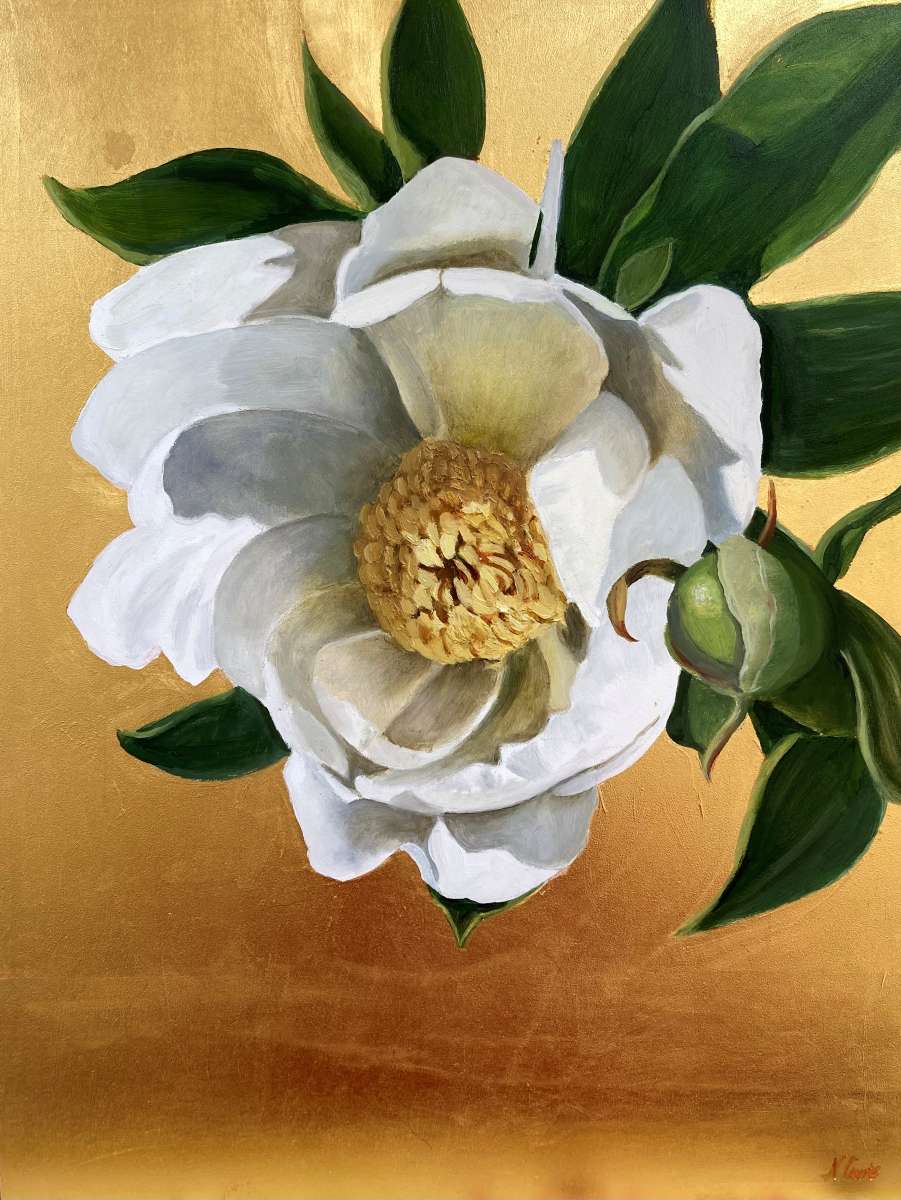 Original White Peony Oil Painting on 23-Carat Gold Leaf – Luxury Botanical Art