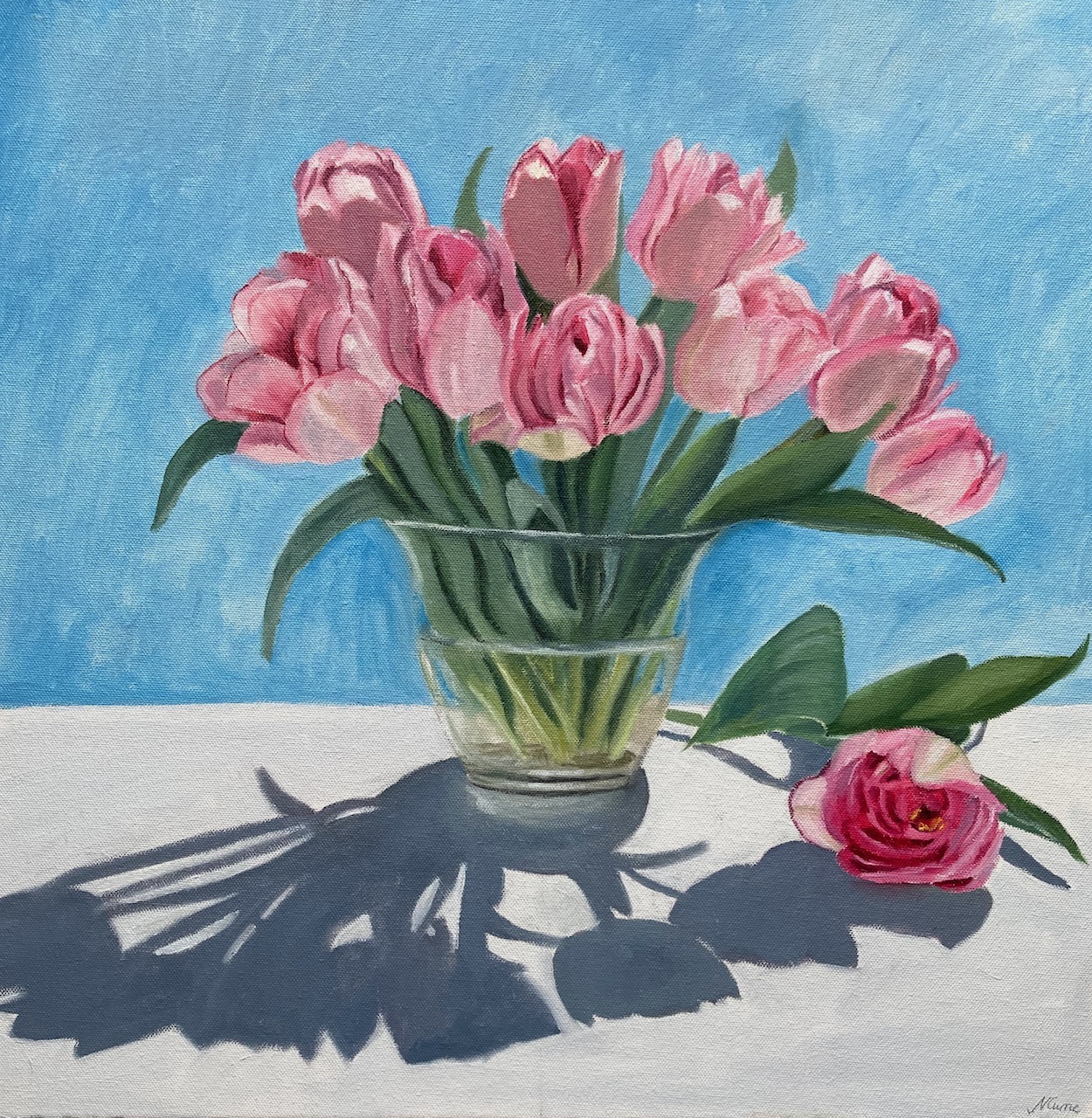 An oil painting of pink tulips with colourful shadows