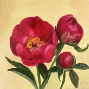 Shop this original oil painting of vibrant red and pink peonies, handcrafted by the artist. Available now on the artist’s website