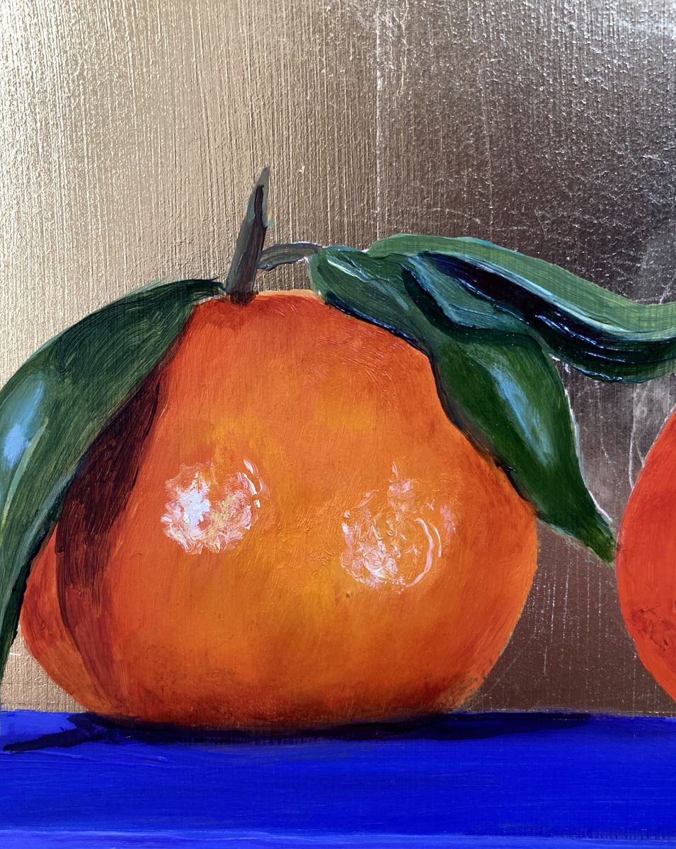 Close up of a Satsuma which is part of a larger oil painting on gold leaf