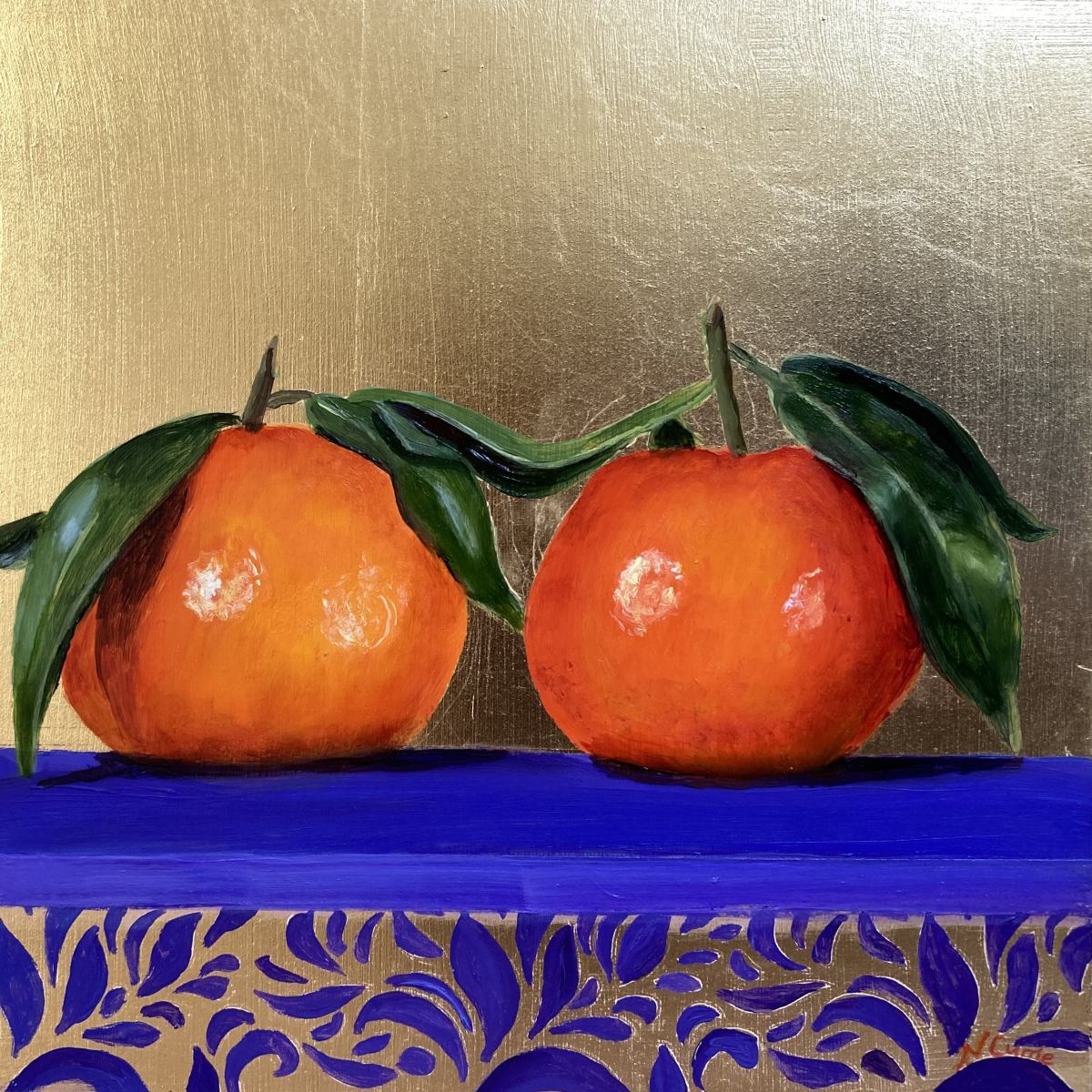 Contemporary fine art oil painting of two satsumas on gold leaf