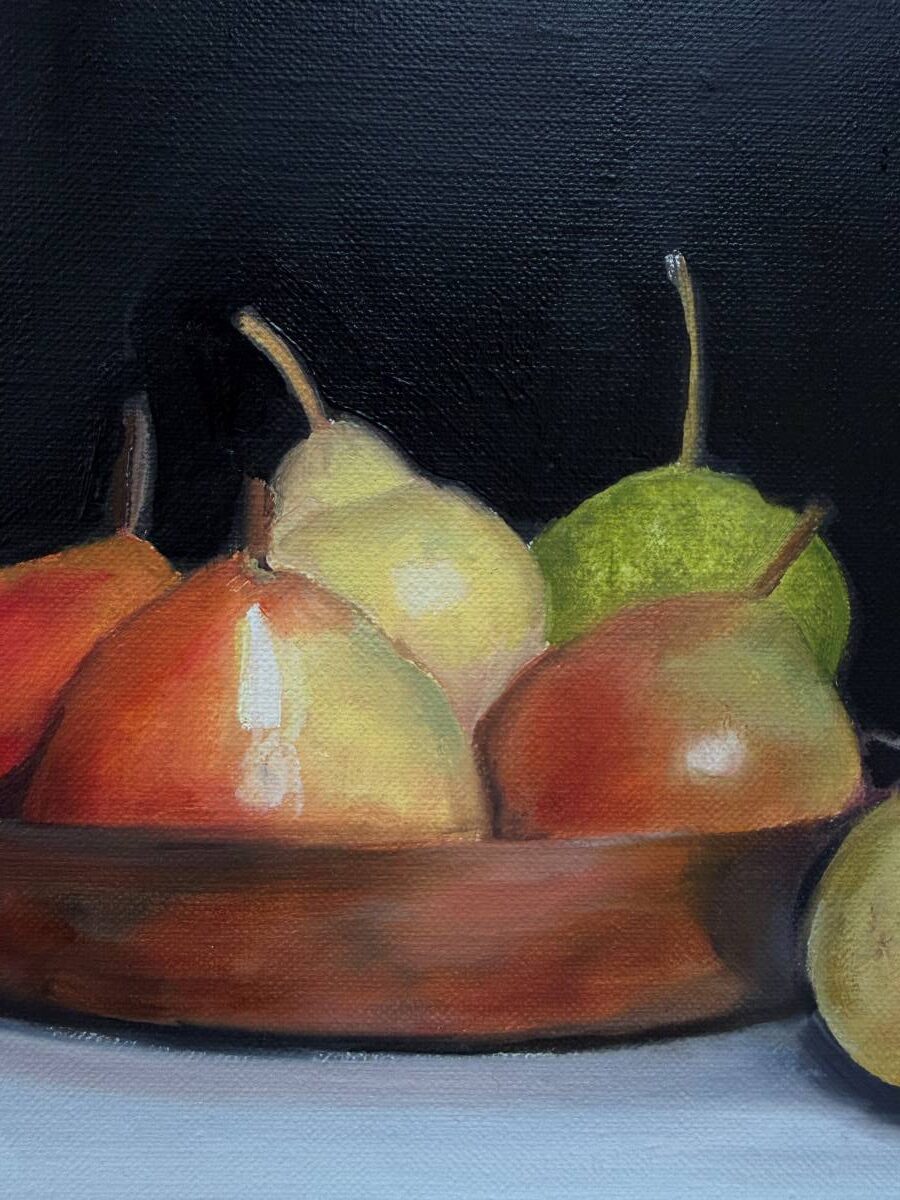 Detail of a copper skillet full of perry pears showing a close of an oil painting of Perry Pears and Fine Perry