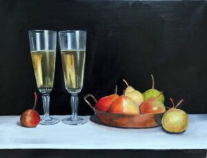 An image of a painting of Perry Pears from Herefordshire with glasses of Fine Perry