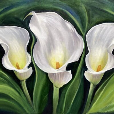 Original oil painting of 3 white calla lilies on a background of swirling green leaves