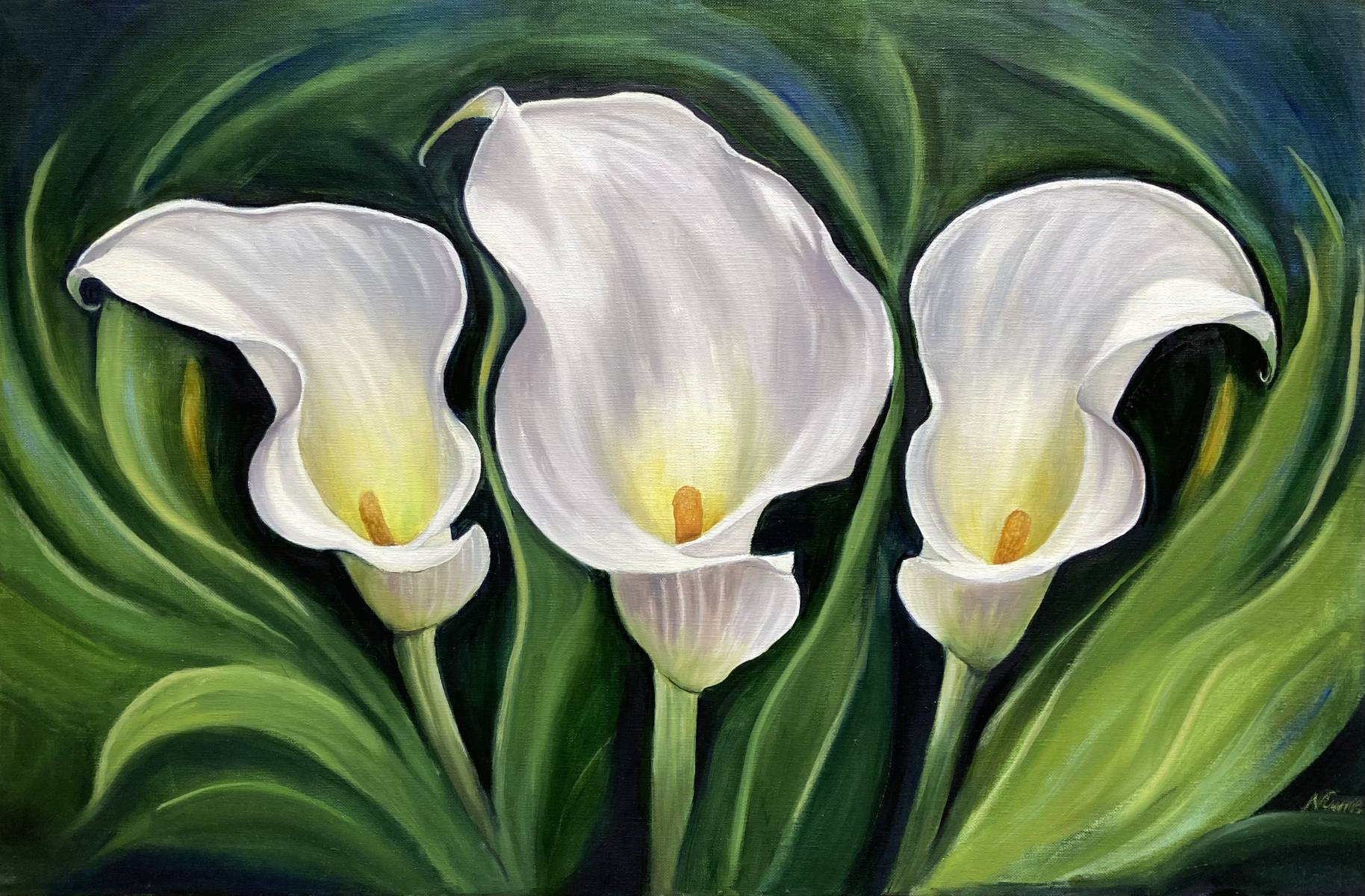 Original oil painting of 3 white calla lilies on a background of swirling green leaves