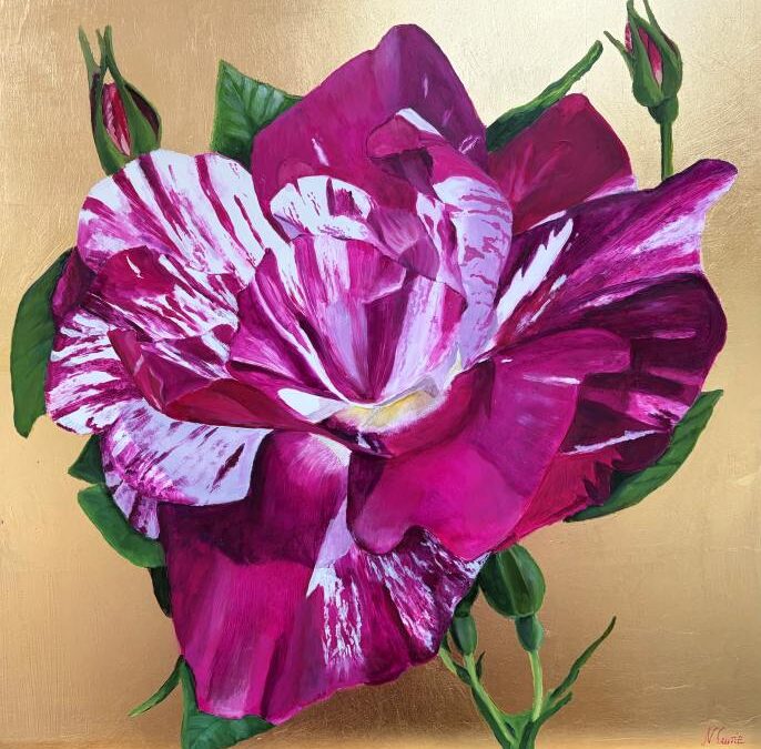 An oil painting on gold leaf of a stripey Magenta rose