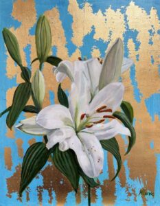An oil painting of white lilies on a dappled gold leaf and turquoise background