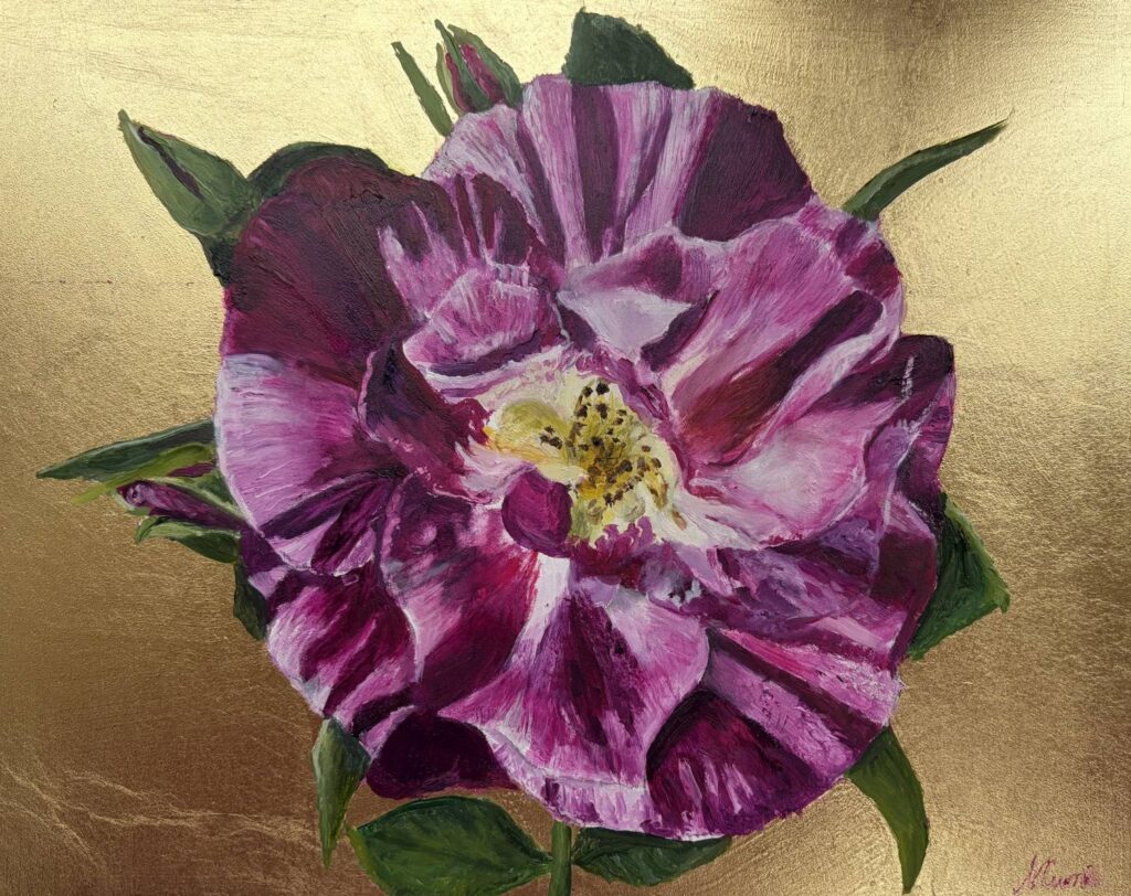 A Magenta Rose on Gold Leaf oil painting by Nicola Currie