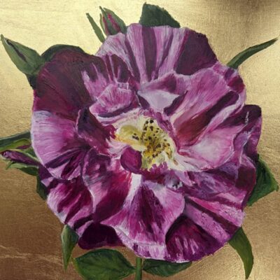 A Magenta Rose on Gold Leaf oil painting by Nicola Currie