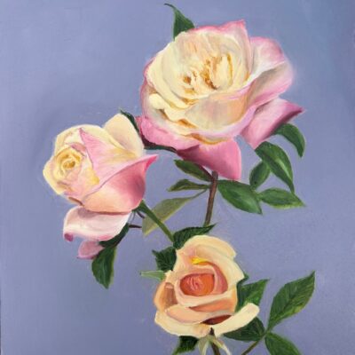 Oil painting of pale yellow and pink roses against a muted violet-grey background