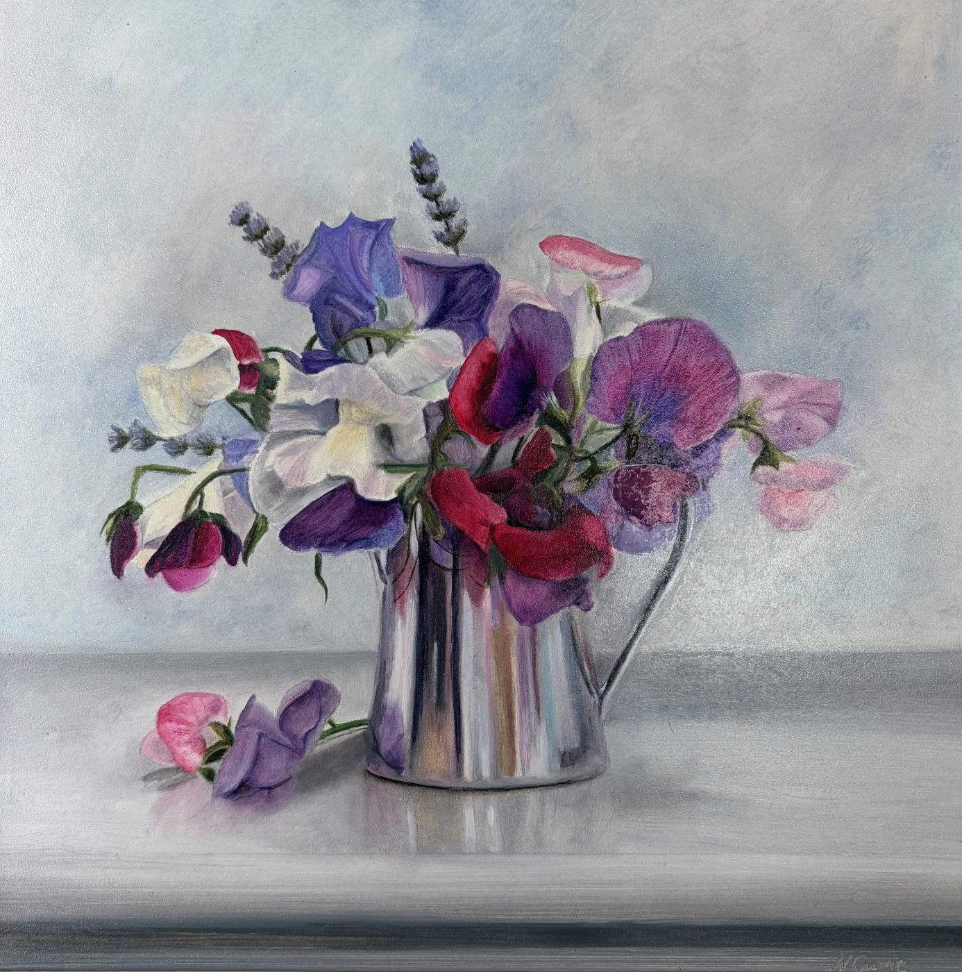 An oil painting by British artist Nicola Currie of purple, pink and white sweet peas in a silver jug on a grey blue background