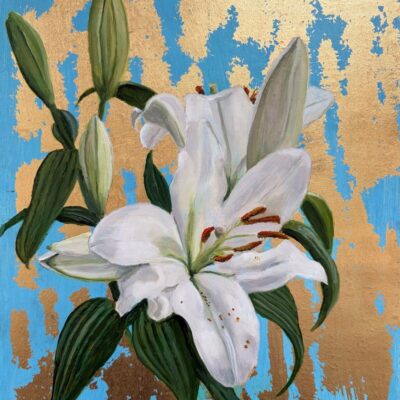 Oil painting of white lilies against turquoise and gold leaf by Nicola Currie