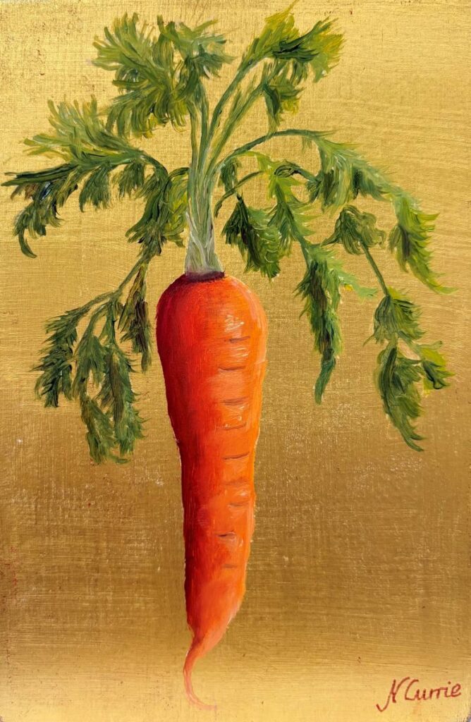 Carrot Gold, an oil painting of a hanging carrot on 23-carat gold leaf
